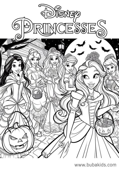 disney princesses halloween night coloring page | BubaKids.com