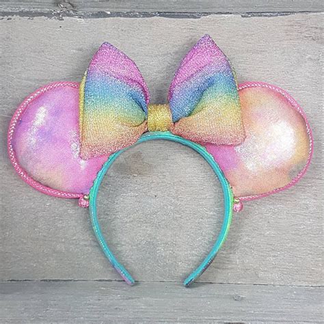 Neon Pink Minnie Mouse inspired Ears Green with Rainbow bow | Etsy