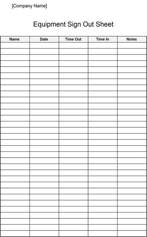 Printable Equipment Sign Out Sheet Template