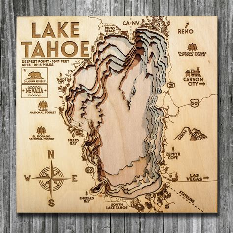 Lake Tahoe Wood Map | Laser-etched Nautical Chart