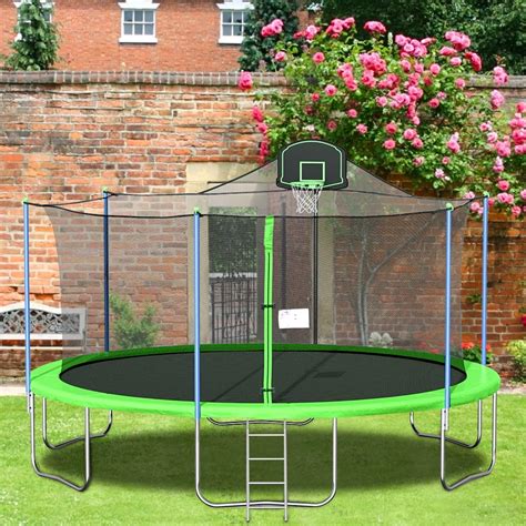 16 FT Outdoor Trampoline with Basketball Hoop, Outdoor Trampoline with Safety Enclosure Net ...