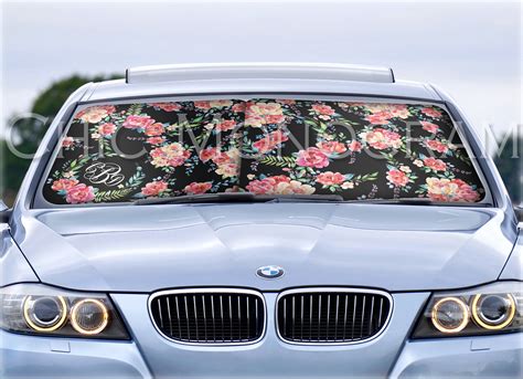 Custom Car Sun Shade Classy Black Floral Monogrammed Sunshades