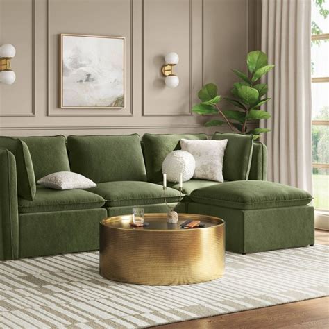 Haven French Seam Modular Sectional Sofa Ottoman Dark Green Velvet ...