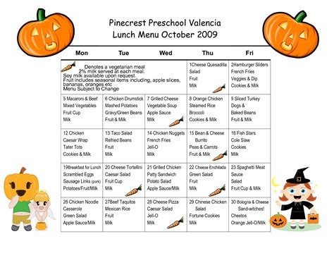 Printable Lunch Menus For Preschool