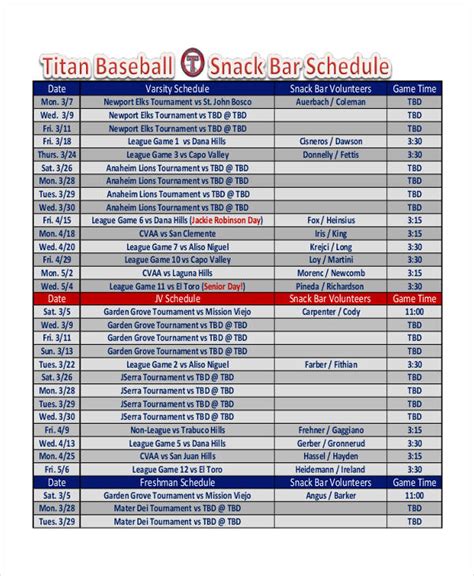 Baseball Snack Schedule Template