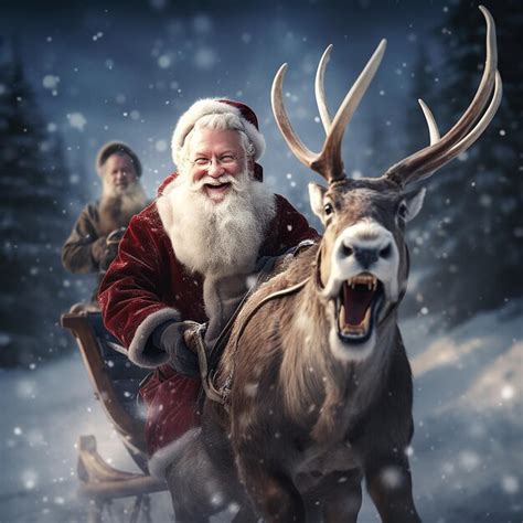 Premium Photo | Santa Claus with reindeer on sleigh Christmas background