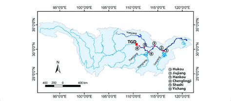 Map of the Changjiang showing location of the Three Gorges Dam and the ...