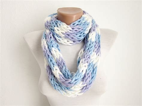 Finger Knitting Scarf Blue Lilac White Multicolor Necklace