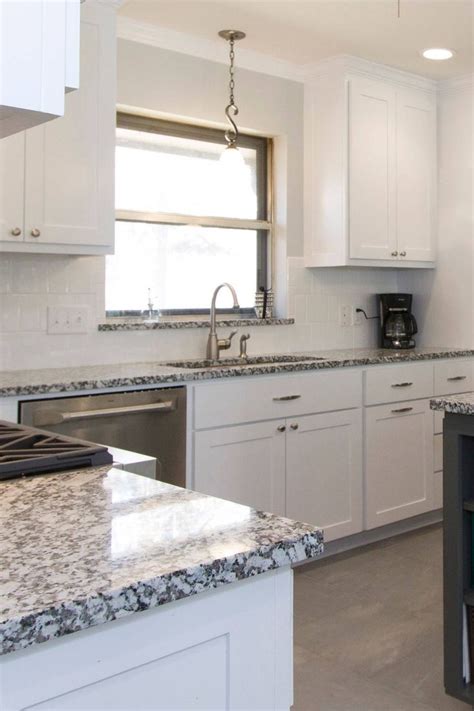 White Cabinets Gray Luna Pearl Granite Countertops Tile Backsplash Porcelain Fl… | Granite ...