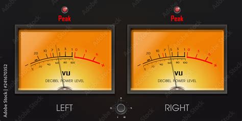 Analog VU meter with peak LED. Decibel power level. A volume unit - VU meter left and right ...