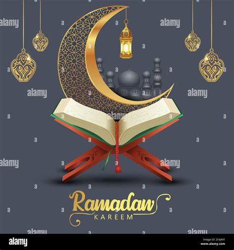 ramadan kareem greetings with Quran and wooden stand, patterned half moon. vector illustration ...