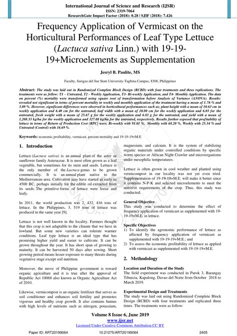 (PDF) Frequency Application of Vermicast on the Horticultural Performances of Leaf Type Lettuce ...