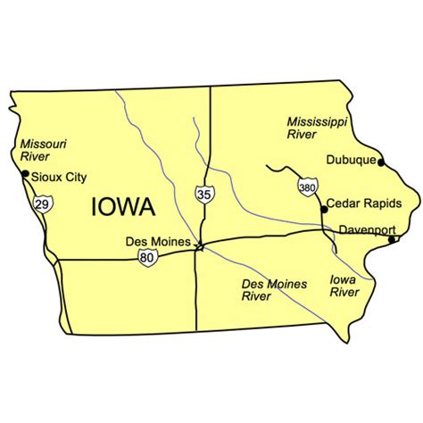 Iowa US State PowerPoint Map, Highways, Waterways, Capital and Major Cities - MAPS for Design