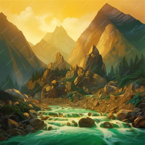 Premium AI Image | A painting of a mountain stream with mountains in ...