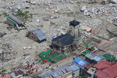 Kedarnath temple aerial view after Kedarnath Disaster 2013. Heavy loss ...