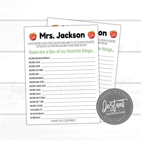 Teacher Wish list Questionnaire, Printable Teacher's Favorite Things ...