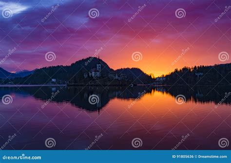 Lake Bled sunrise stock photo. Image of cloudscape, travel - 91805636