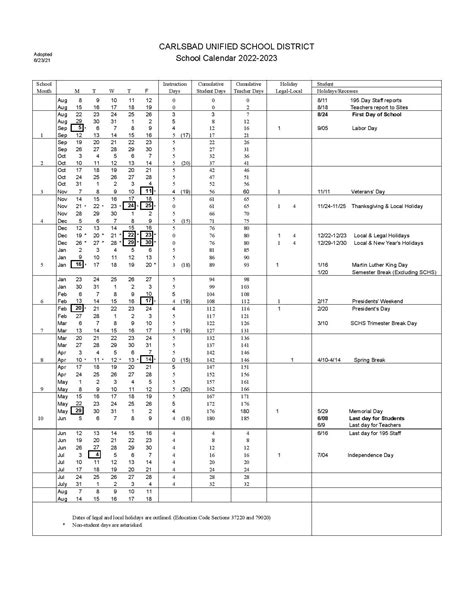 Carlsbad Unified School District Calendar 2022-2023