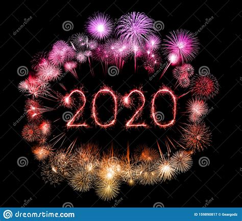 2020 Happy New Year Fireworks Written Sparklers at Night Stock Image ...