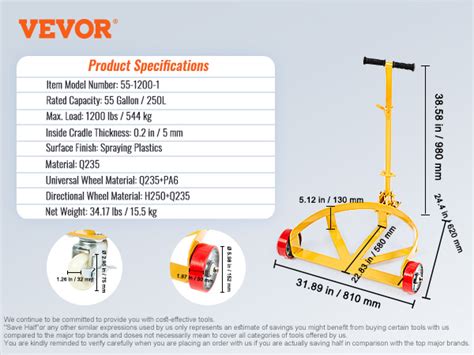 VEVOR 55 Gallon Drum Dolly, 1200 lbs Load Capacity, Barrel Dolly Cart Drum Caddy Round Dolly ...