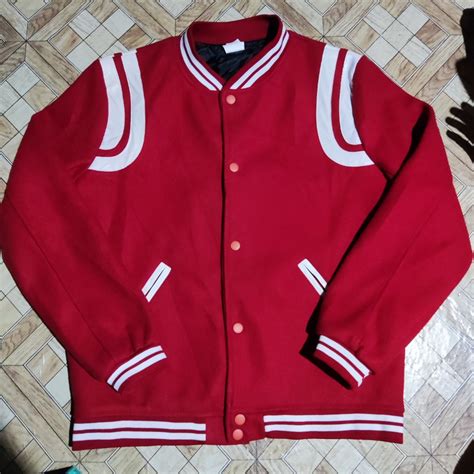 varsity jacket red wool leather on Carousell