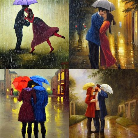 a romantic painting of two lovers kissing in the rain | Stable ...