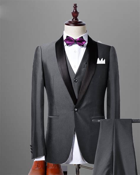 Black Shawl Lapel Dark Gray Tuxedos Formal Wedding Dress Suits Groom w ...