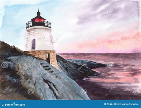 Watercolor Castle Hill Lighthouse on the Sunset Stock Illustration ...