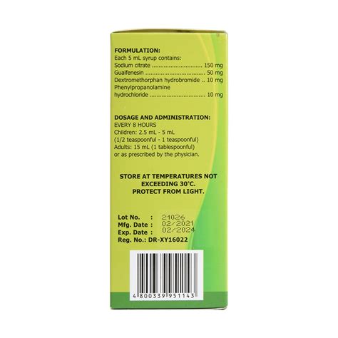 DYNATUSSIN, Dextromethorphan HBr 10 mg + Guaifenesin 50 mg + Phenylpropanolamine HCl 10 mg ...