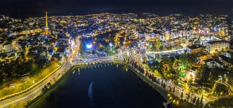 Aerial View of Da Lat City Night Beautiful Tourism Destination in Central Highlands Vietnam ...