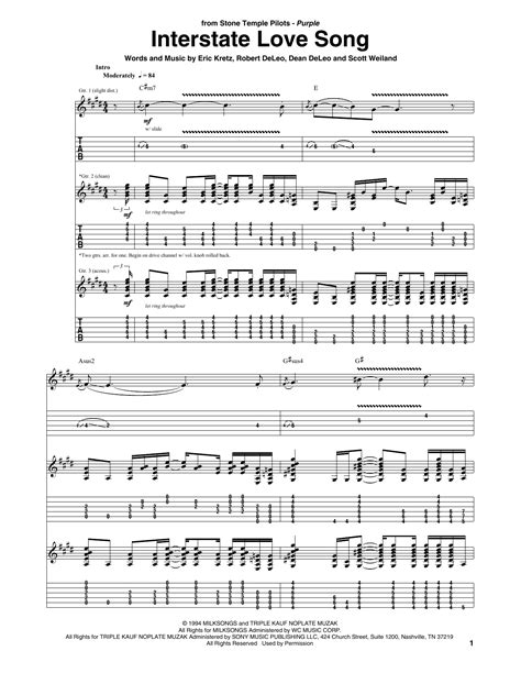 Interstate Love Song by Stone Temple Pilots Sheet Music for Guitar Tab at Sheet Music Direct