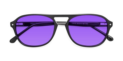 Black Grandpa Acetate Aviator Tinted Sunglasses with Purple Sunwear Lenses - 17416