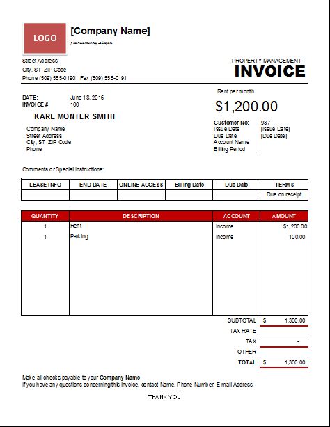 Property Management Receipt Template - Invoice Template