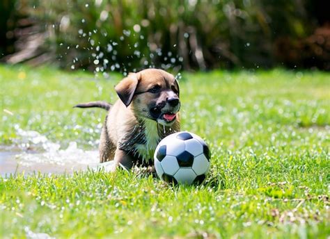 Premium AI Image | A dog playing with a soccer ball in a puddle of water.