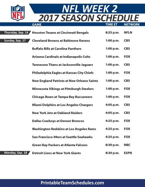 Nfl Week 2 Printable Schedule - Printable Word Searches