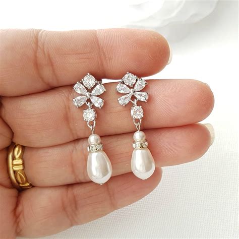 Pearl Drop Earrings, Bridal Earrings, Swarovski Pearl Earrings, Crysta - PoetryDesigns