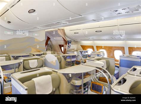 BANGKOK, THAILAND - MARCH 31, 2015: interior of Emirates Airbus A380. Emirates is one of two ...