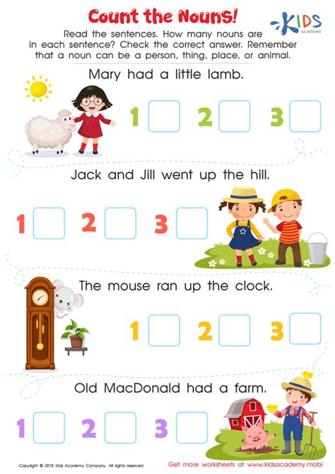 Count the Nouns Worksheet: Free Printable PDF for Kids - Answers and Completion Rate