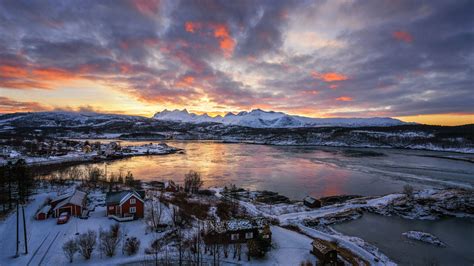 Download Sunset Snow Winter Mountain Lake Norway Village Photography Lofoten HD Wallpaper