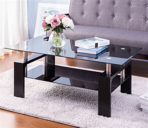 Rectangle Glass Coffee Table, Modern Side Center Table with Shelf ...