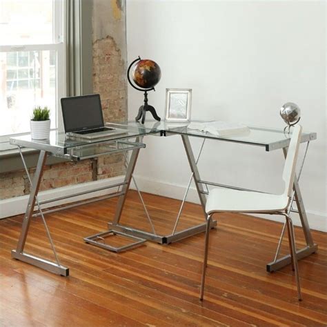 L Shaped Glass Top Computer Desk in Silver | Cymax Business