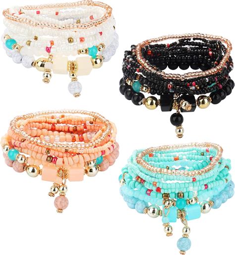 Udalyn 4 Sets Bohemian Stackable Bead Bracelets for Women Multilayered Stretch Beaded Bracelet ...