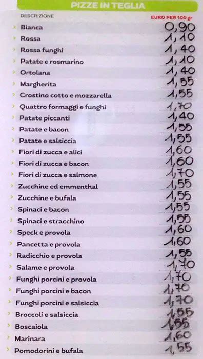 Menu at Alice Pizza pizzeria, Rome, Corso Vittorio Emanuele II