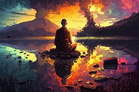 Premium AI Image | A painting of a monk meditating in front of a ...