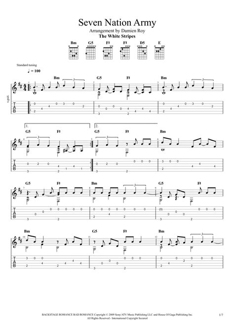 Seven Nation Army (arr. Damien Roy) by White Stripes Sheet Music for Guitar Tab at Sheet Music ...