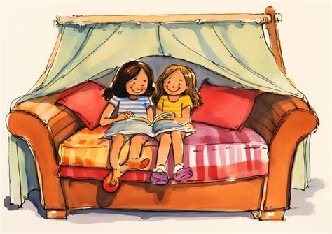 Premium Photo | Two girls sitting couch reading book illustration bed ...