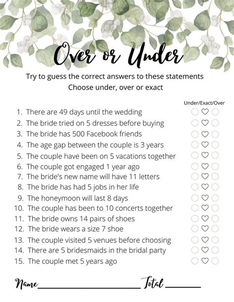 Over Or Under Bridal Shower Game (Free Printable)