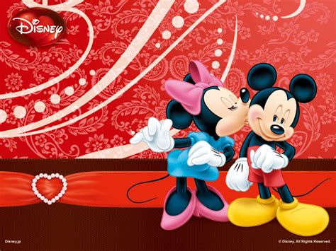 two mickey and minnie mouses standing next to each other on a red background with hearts