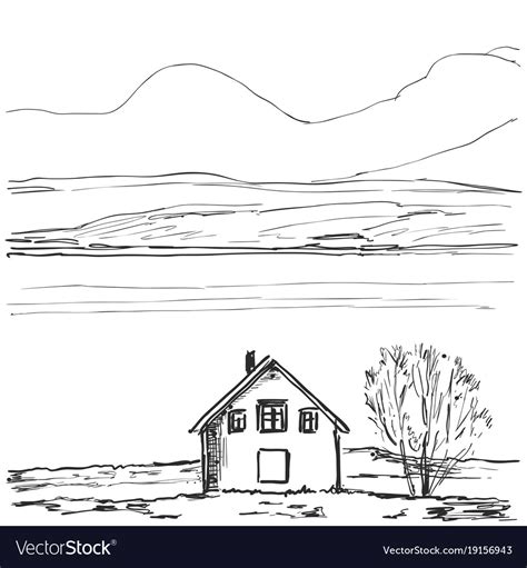 Outline sketch of a house hand drawn landscape Vector Image