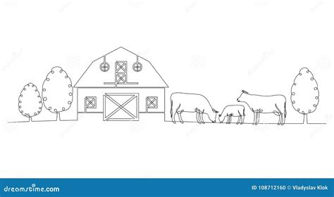 Continuous Line Drawing of Farm, Cow and Calf Stock Vector - Illustration of countryside ...